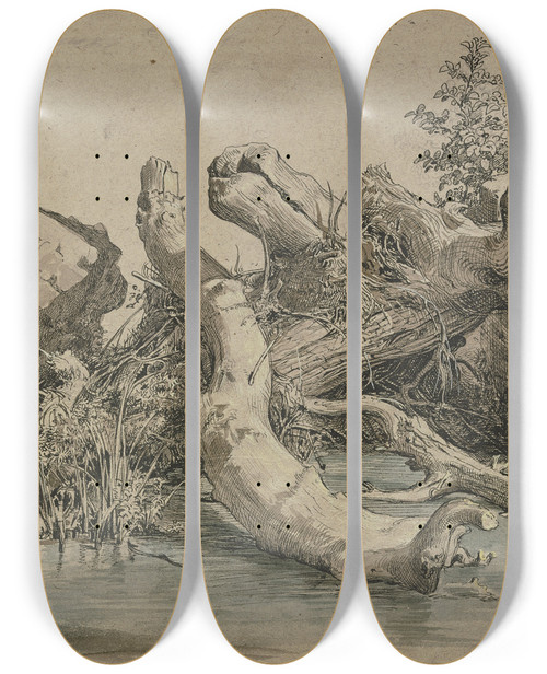 Triptych art skateboard deck of Johann Heinrich Hasselhorst Gestrzter Baum An Einem Bach by Johann Heinrich Hasselhorst (1825-1904)