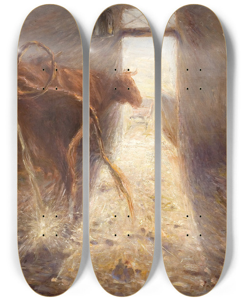 Triptych art skateboard deck of Theodor Philipsen Cowshed On The Island Of Saltholm by Theodor Philipsen (1840-1920)