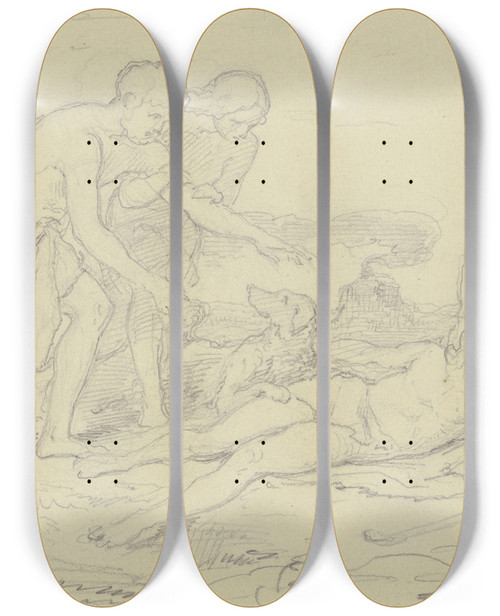 Triptych art skateboard deck of Carl Joseph Begas Adam Und Eva Finden Die Leiche Abels by Carl Joseph Begas (1794-1854)
