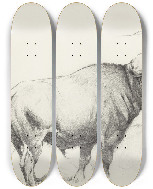 Triptych art skateboard deck of Wilhelm Kuhnert Cape Buffalo by Wilhelm Kuhnert (1865-1926)