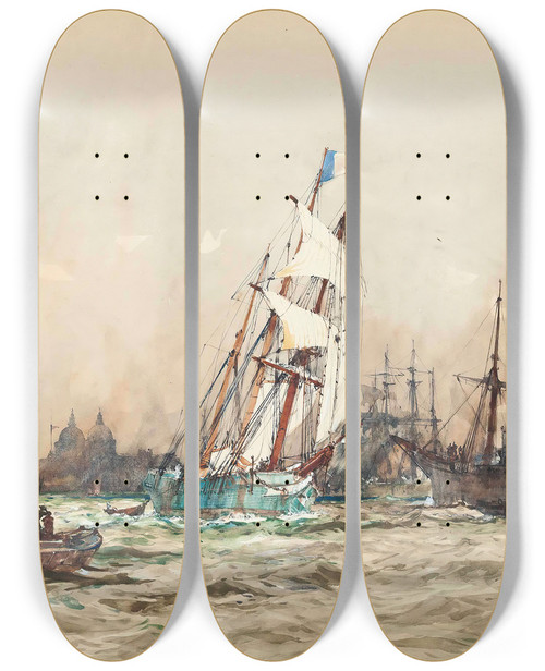 Triptych art skateboard deck of Charles Edward Dixon With Wind And Tide Greenwich by Charles Edward Dixon (1872-1934)