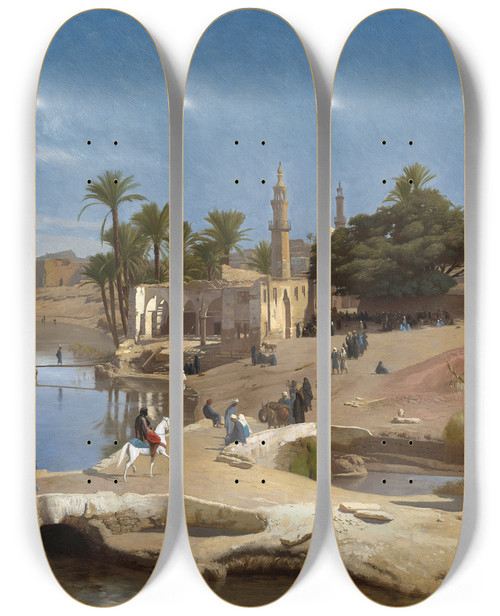 Triptych art skateboard deck of Jeanlon Grme View Of Medinet Elfayoum by Jean-Lon Grme (1824-1904)