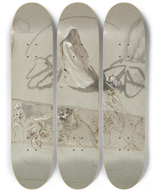 Triptych art skateboard deck of William Lock The Younger Studies Of Fairies With A Pair Of Hands Possibly Representing The Opening Of Pandoras Box by William Lock the Younger (1767-1847)