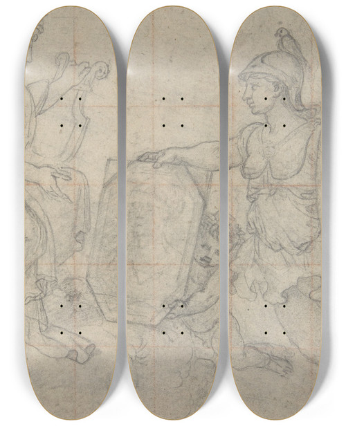 Triptych art skateboard deck of Eustache Le Sueur Minerva Presenting Two Portraits To Apollo by Eustache Le Sueur (1616-1655)