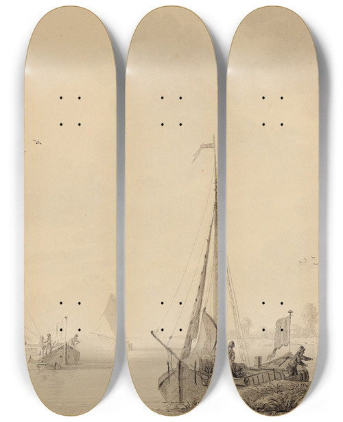 Triptych art skateboard deck of Martinus Schouman Deux Tudes De Voiliers Sur Une Rivire by Martinus Schouman (1770-1848)