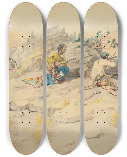 Triptych art skateboard deck of Charles Marion Russell Indians Stalking Elk by Charles Marion Russell (1864-1926)