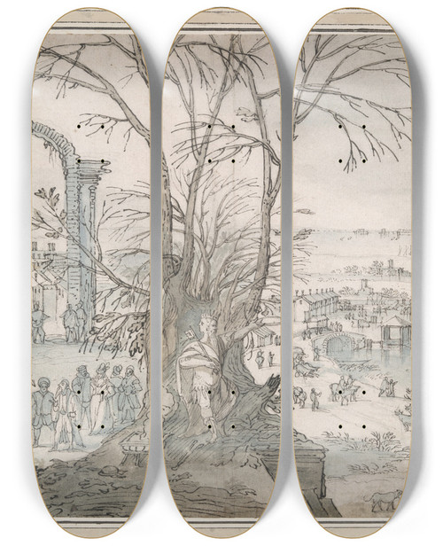 Triptych art skateboard deck of Lodewijk Toeput Allegory Ofwinter by Lodewijk Toeput (1550-1605)