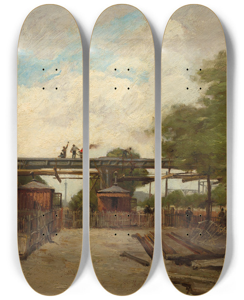 Triptych art skateboard deck of Paul Dsir Trouillebert Construction Of An Elevated Railway Bridge Over The Cours De Vincennes by Paul Desire Trouillebert (1829-1900)