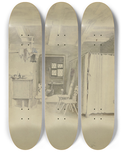 Triptych art skateboard deck of Jakob Frchtegott Dielmann Bauernstube Rechts Das Bett Mit Vorhang An Der Wand Hngt Ein Paar Stiefel Links Der Ofen An Der Wand Hngen Verschiedene Kleider by Jakob Furchtegott Dielmann (1809-1885)