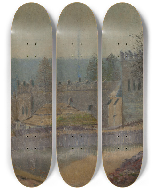 Triptych art skateboard deck of Ferdinand Katona View Of Strky by Ferdinand Katona (1864-1932)