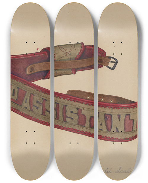 Triptych art skateboard deck of Gerald Scalise Firemans Belt by Gerald Scalise