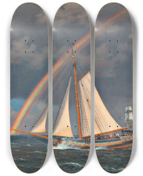 Triptych art skateboard deck of Christoffer Wilhelm Eckersberg Rainbow At Sea And A Crossing Hunt With Other Ships by Christoffer Wilhelm Eckersberg (1783-1853)