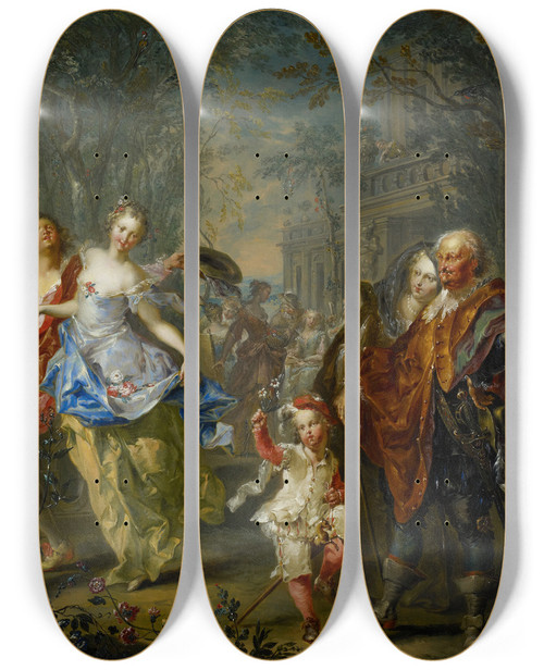 Triptych art skateboard deck of Johann Georg Platzer The Pleasures Of The Seasons Spring by Johann Georg Platzer (1704-1761)