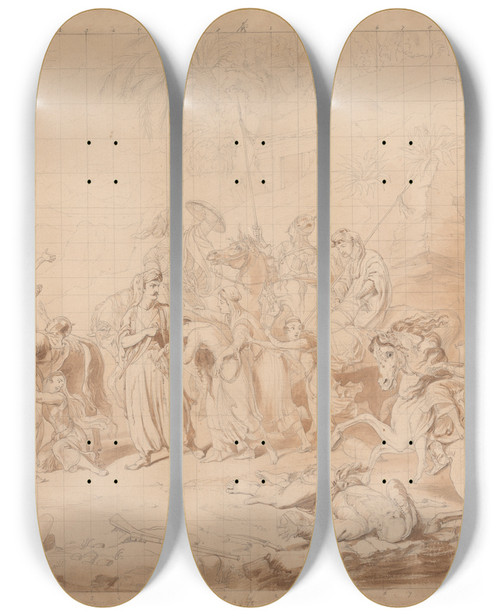 Triptych art skateboard deck of Sir George Hayter Banditti Of Kurdistan Assisting Georgians In Surprising And Carrying Off Circassian Women by Sir George Hayter (1792-1871)