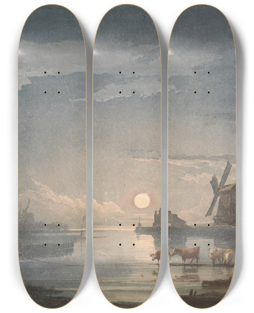 Triptych art skateboard deck of John Berney Crome Moonlight On The River Near Bruges by John Berney Crome