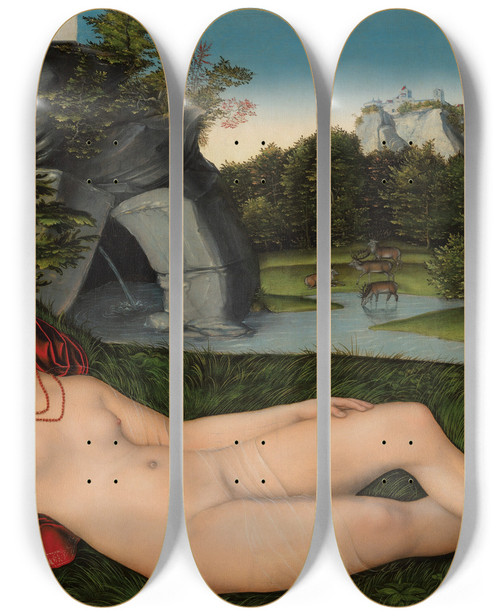 Triptych art skateboard deck of Lucas Cranach The Elder The Nymph Of The Spring by Lucas Cranach The Elder (1472-1553)