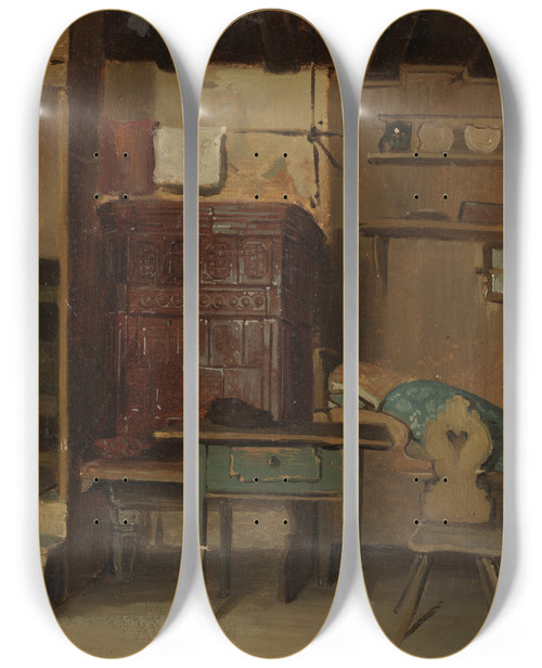 Triptych art skateboard deck of Johann Baptist Kirner Schwarzwlder Bauernstube Mit Bett Und Sitzbank Am Kachelofen by Johann Baptist Kirner (1806-1866)