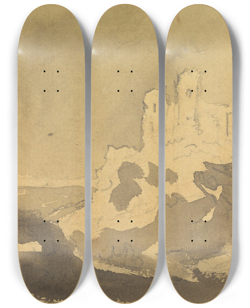 Triptych art skateboard deck of William Gilpin A Castle At The Edge Of A Lake by William Gilpin (1724-1804)