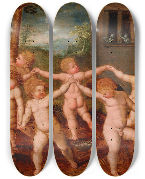 Triptych art skateboard deck of Flemish School Putti Dancing In A Landscape A Villa In The Background by Flemish School