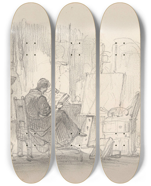 Triptych art skateboard deck of Nicaise De Keyser Reading Man In Painters Studio by Nicaise De Keyser (1813-1887)