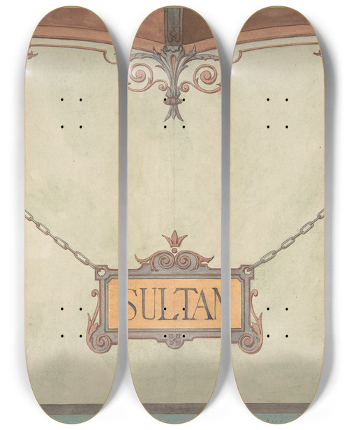 Triptych art skateboard deck of Julesedmondcharles Lachaise Design For Decorated Sultan Plaque For Stable Wall Htel Candamo by Jules-Edmond-Charles Lachaise (1897)