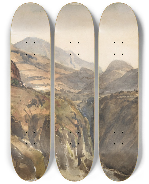 Triptych art skateboard deck of Paul Huet Mountain View At Oisans Isre by Paul Huet (1803-1869)