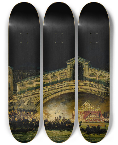 Triptych art skateboard deck of Giovanni Grubacs Nocturnalvenetian Scene On The Feast Of The Redentore_1 by Giovanni Grubacs (1829-1919)