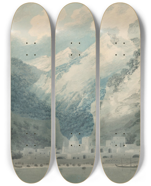 Triptych art skateboard deck of John Robert Cozens Cetara On The Gulf Of Salerno by John Robert Cozens (1752-1797)