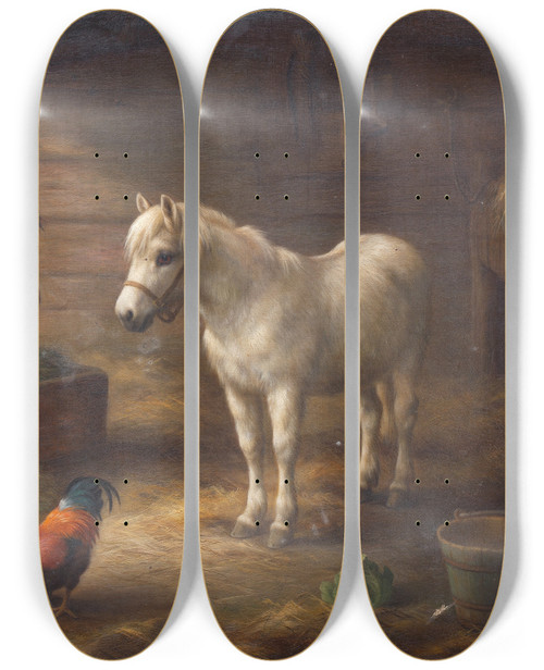 Triptych art skateboard deck of Edgar Hunt Ponies With Cocks And Hens by Edgar Hunt (1876-1953)