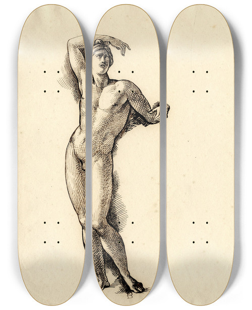 Triptych art skateboard deck of David Humbert De Superville Apollino Apollo Medici Full Length View The Upper Part Of The Body And The Left Foot by David Humbert De Superville (1770-1849)