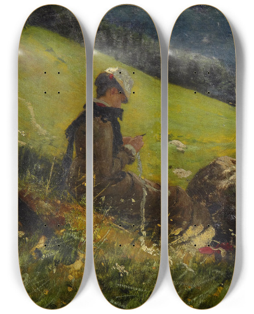 Triptych art skateboard deck of Hans Dahl Girl In A Field Knitting by Hans Dahl (1849-1937)