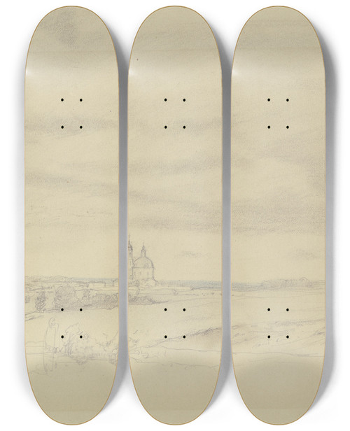 Triptych art skateboard deck of Wilhelm Amandus Beer Ansicht Einer In Russland Gelegenen Landschaft Mit Einer Kirche by Wilhelm Amandus Beer (1837-1907)