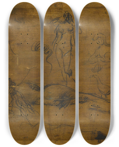 Triptych art skateboard deck of Jeanjacques Henner Fillette Au Ruban Bleu by Jean-Jacques Henner (1829-1905)