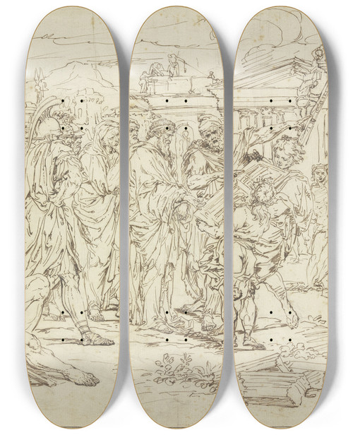 Triptych art skateboard deck of Raymond Lafage Einem Stdtegrnder Wird Ein Plan Gezeigt by Raymond Lafage (1656-1682)