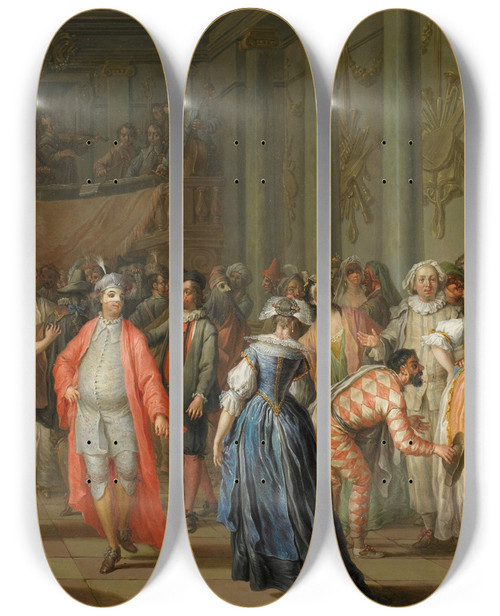 Triptych art skateboard deck of Franz Christoph Janneck Masquerade Ball Masked Ball At Venice by Franz Christoph Janneck (1703-1761)