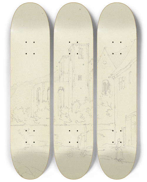 Triptych art skateboard deck of Johann Friedrich Hoff Neustadt Am Main Mit Der Ruine Der Ehemaligen Benediktinerabteikirche Nach Dem Brand Im Selben Jahr by Johann Friedrich Hoff (1832-1913)
