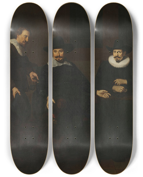 Triptych art skateboard deck of Dirck Dircksz Van Santvoort De Hoofdlieden Van De Saainering Te Amsterdam 1643 by Dirck Dircksz Van Santvoort (1610-1680)