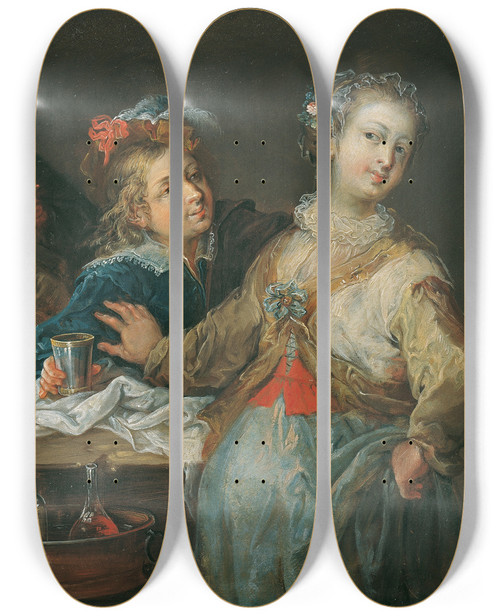 Triptych art skateboard deck of Johann Georg Platzer Kartenspieler As Ist Trumpf by Johann Georg Platzer (1704-1761)