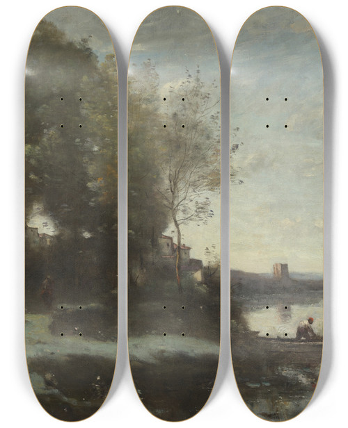 Triptych art skateboard deck of Jeanbaptistecamille Corot River With A Distant Tower by Jean-Baptiste-Camille Corot (1796-1875)