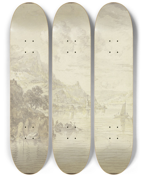 Triptych art skateboard deck of Franz Schtz Blick In Ein Flusstal Mit Felsigen Ufern Links Auf Einem Felsen Eine Kirche by Franz Schutz (1751-1781)