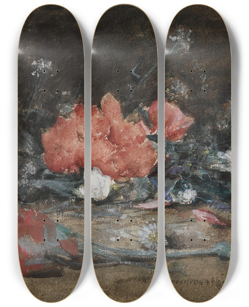 Triptych art skateboard deck of Julian Alden Weir Flowers_2 by Julian Alden Weir (1852-1919)