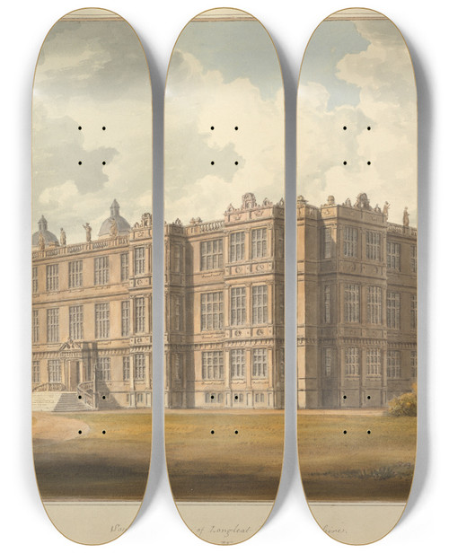 Triptych art skateboard deck of John Buckler South East View Of Longleat House Wiltshire The Seat Of The Marquis Of Bath by John Buckler (1770-1851)