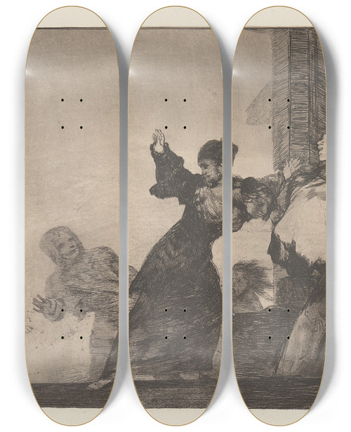 Triptych art skateboard deck of Francisco De Goya Two Heads Are Better Than One Poor Folly Disparate Pobre by Francisco de Goya (1746-1828)