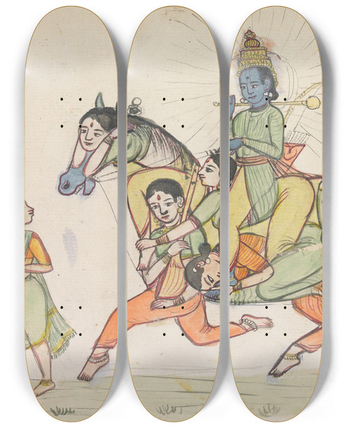Triptych art skateboard deck of Gangaram Chintaman Tambat Vishnu Riding A Horse Composed Of Women by Gangaram Chintaman Tambat
