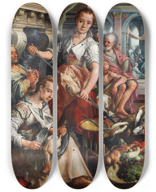Triptych art skateboard deck of Joachim Beuckelaer The Wellstocked Kitchen With Jesus In The House Of Martha And Mary In The Background by Joachim Beuckelaer (1530-1574)