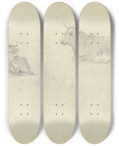 Triptych art skateboard deck of Otto Scholderer Resting Cows by Otto Scholderer (1834-1902)