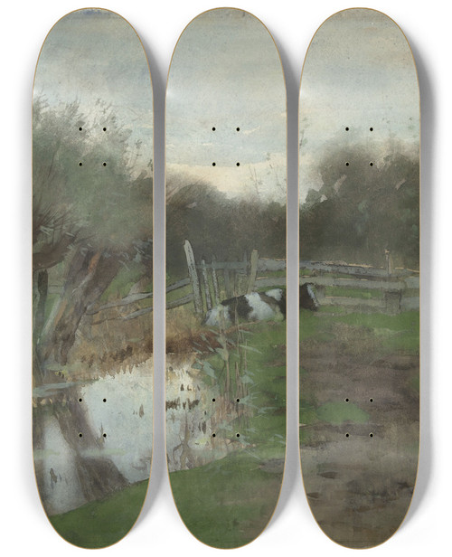 Triptych art skateboard deck of Geo Poggenbeek Weiland Met Liggende Koe Bij Een Sloot by Geo Poggenbeek (1853-1903)