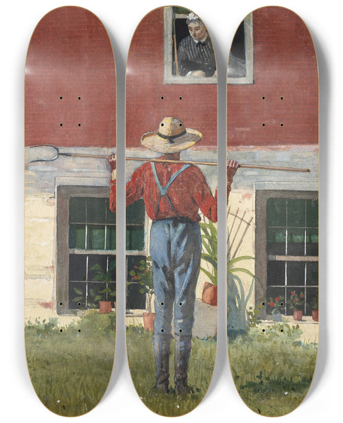 Triptych art skateboard deck of Winslow Homer In The Garden Rustic Courtship by Winslow Homer (1836-1910)