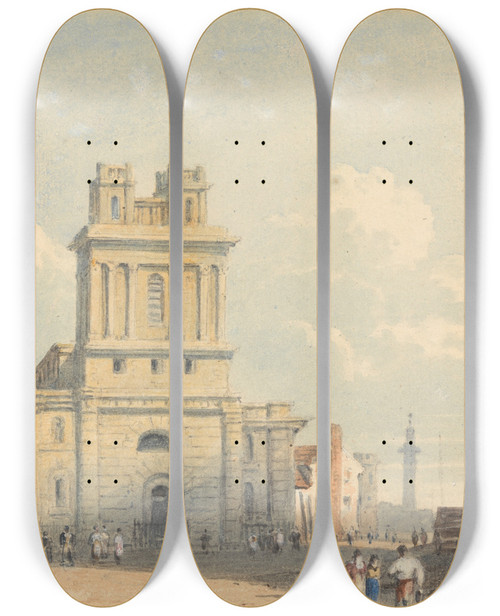 Triptych art skateboard deck of John Varley View Of New Street Near London Bridge by John Varley (1778-1842)