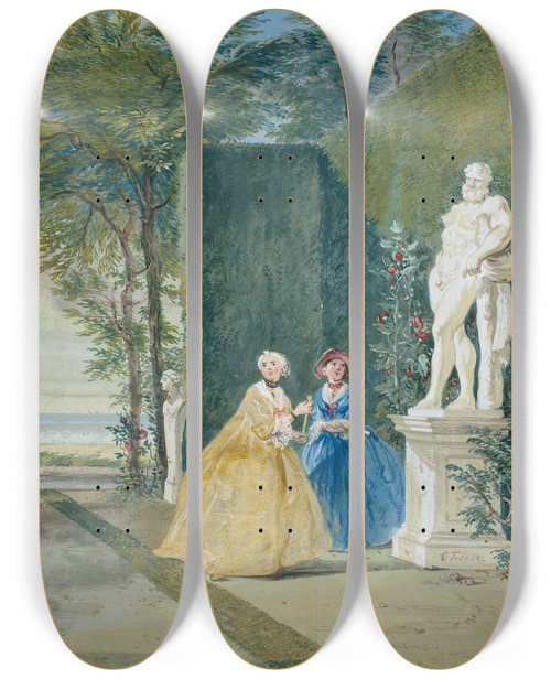 Triptych art skateboard deck of Cornelis Troost View Of A Park With Two Young Ladies By A Statue Of Hercules by Cornelis Troost (1696-1750)